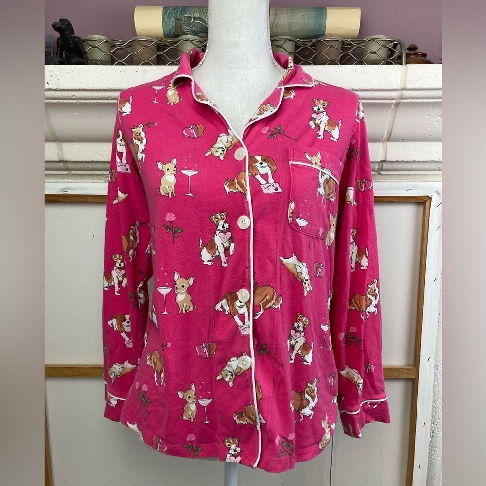BedHead Luxury Pink Dog Print Pajama Top Organic Cotton oversized